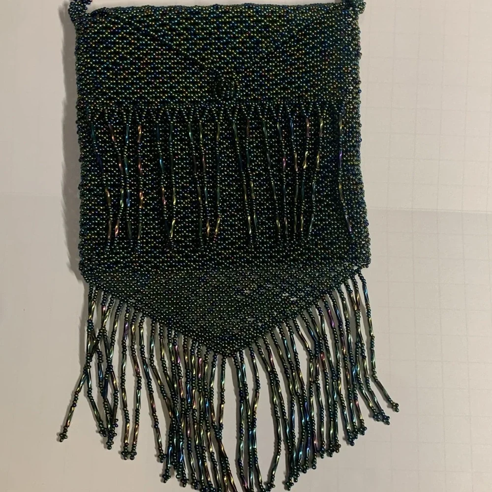 crossbody handbag BEADED hand crafted green With blue purple beads 5.5 x 7” NWOT